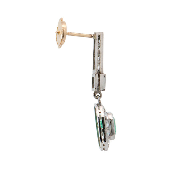 Art Deco Platinum 1.65ctw Emerald + Diamond Drop Earrings
