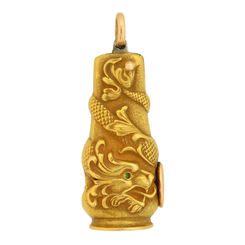 Art Nouveau 14kt Emerald Repousse Dragon Cigar Cutter Pendant + Victorian 14kt Enameled Slider Chain