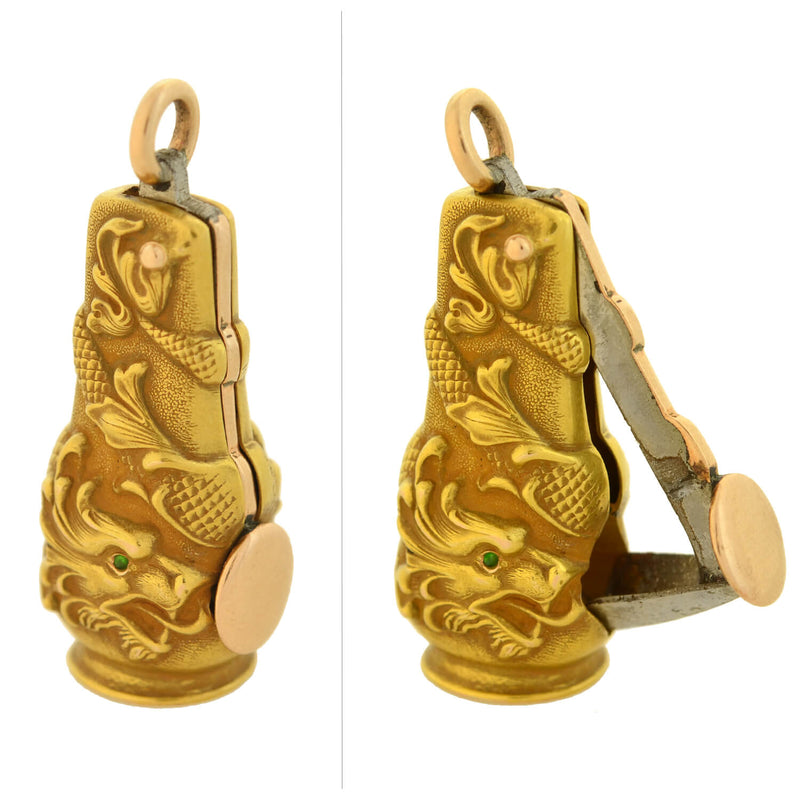 Art Nouveau 14kt Emerald Repousse Dragon Cigar Cutter Pendant + Victorian 14kt Enameled Slider Chain
