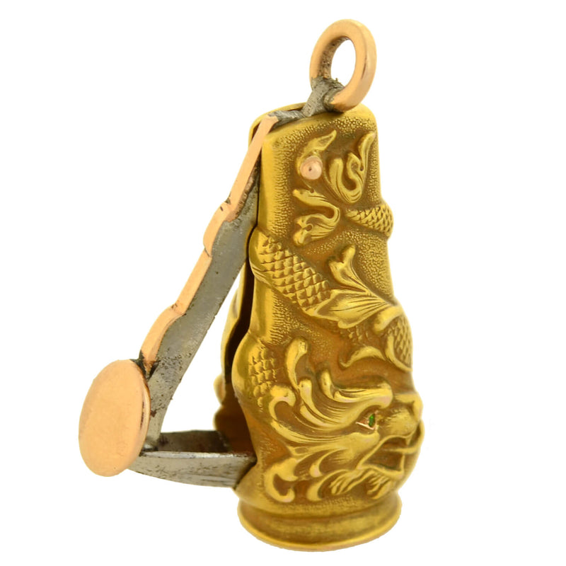 Art Nouveau 14kt Emerald Repousse Dragon Cigar Cutter Pendant + Victorian 14kt Enameled Slider Chain