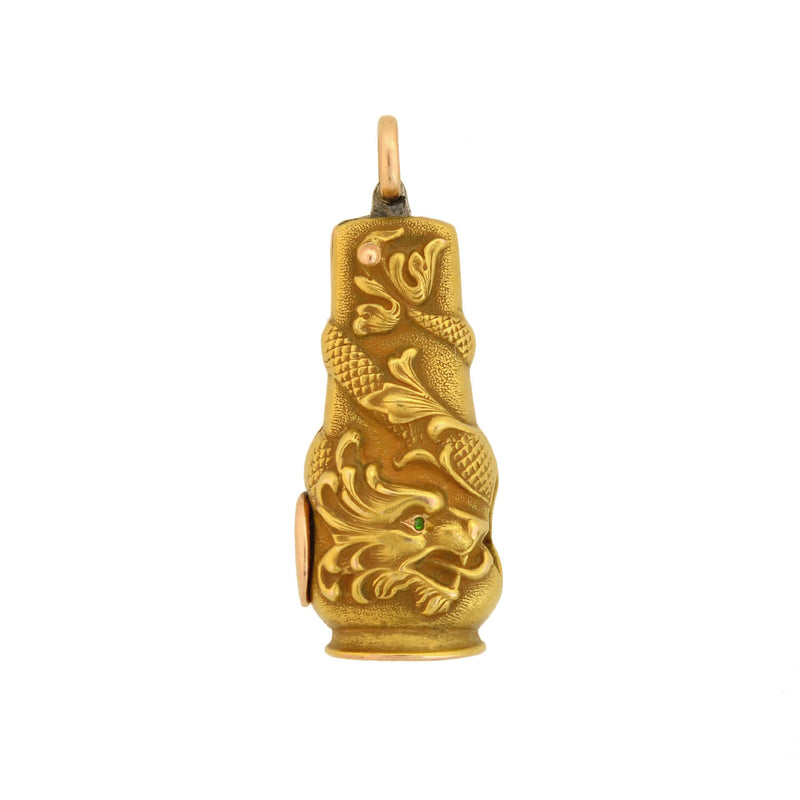 Art Nouveau 14kt Emerald Repousse Dragon Cigar Cutter Pendant + Victorian 14kt Enameled Slider Chain