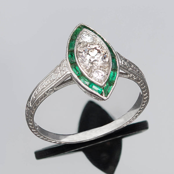 Art Deco Platinum Diamond + Emerald Engagement Ring