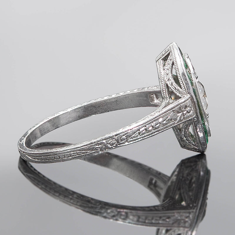 Art Deco Platinum Diamond + Emerald Engagement Ring