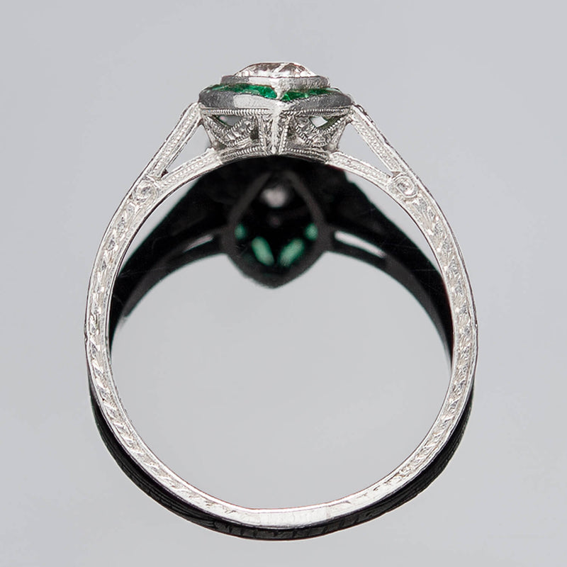 Art Deco Platinum Diamond + Emerald Engagement Ring