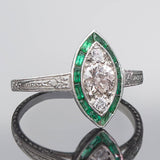 Art Deco Platinum Diamond + Emerald Engagement Ring