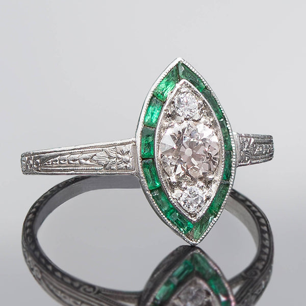 Art Deco Platinum Diamond + Emerald Engagement Ring