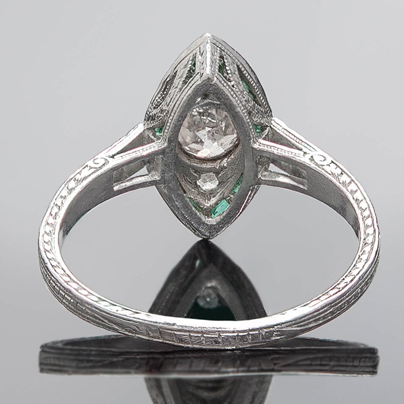 Art Deco Platinum Diamond + Emerald Engagement Ring
