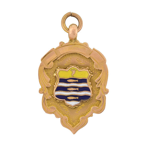 Art Deco English 9kt Enameled Medallion Badge Pendant