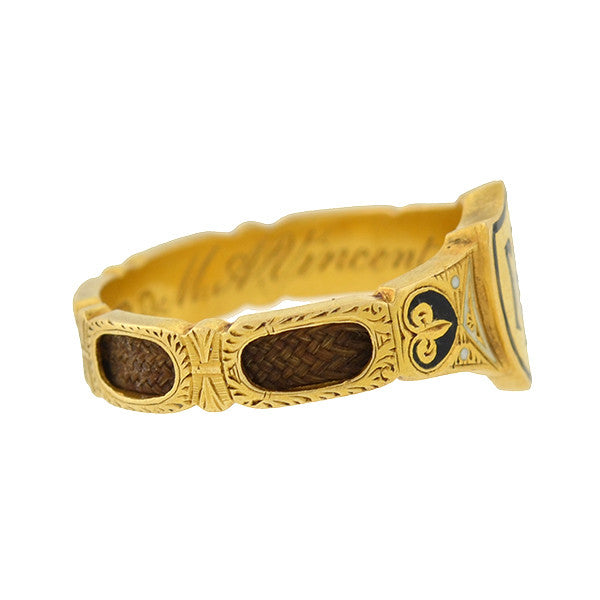 Victorian English 18kt Enamel & Woven Hair Mourning Ring