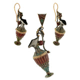 Victorian Sterling Enameled Etruscan Urn Earring + Pendant Set
