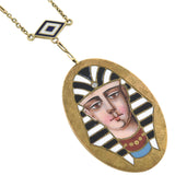 Victorian Egyptian Revival 14kt Enameled Pharaoh Pendant Necklace 18"