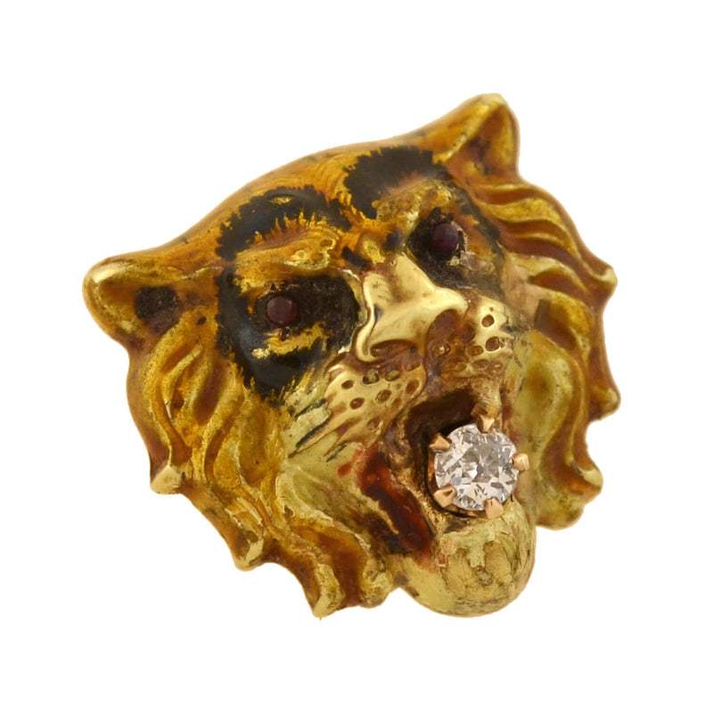 Victorian 15kt Enamel + Diamond Tiger Head Pendant