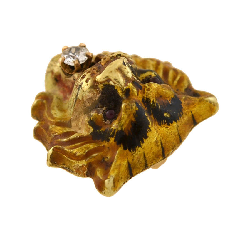 Victorian 15kt Enamel + Diamond Tiger Head Pendant