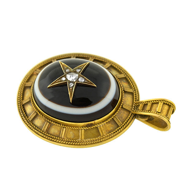 Victorian 14kt Banded Agate & Diamond Star Locket/Pendant