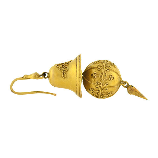 Victorian 15kt Etruscan Ball & Bell Hanging Earrings