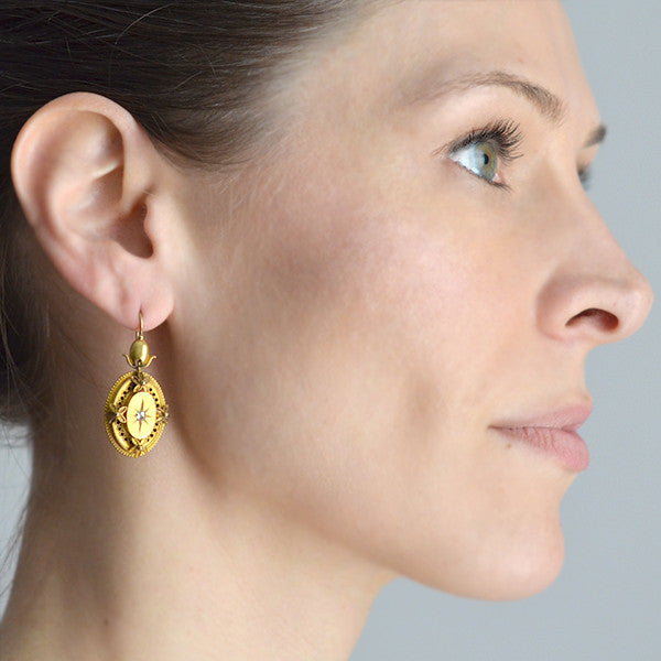 Victorian 15kt & Diamond Etruscan Starburst Earrings