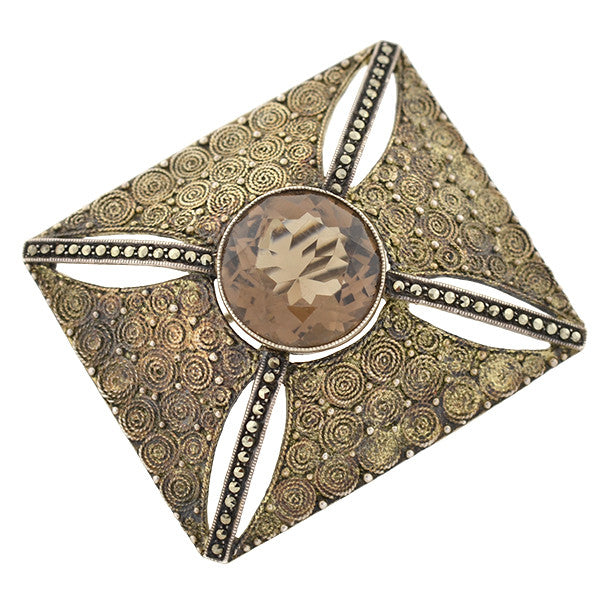 THEODOR FAHRNER Art Deco Sterling Topaz & Marcasite Pin