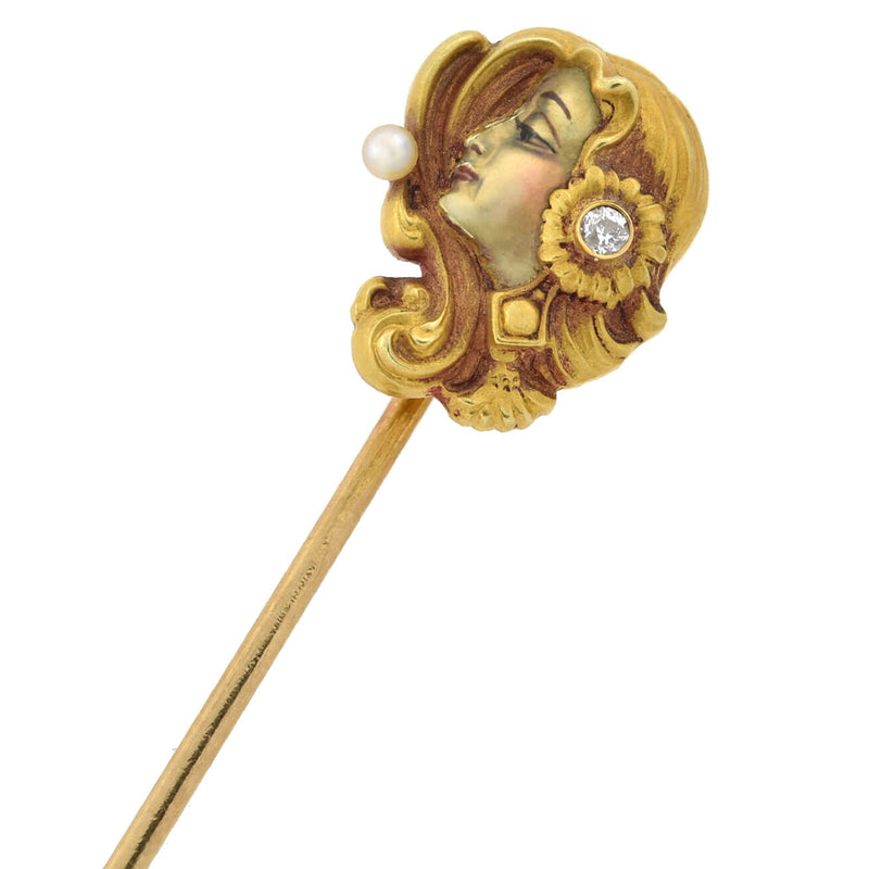 F.H. CUTLER & CO. Art Nouveau 14kt Diamond, Pearl + Enamel Lady Stick Pin
