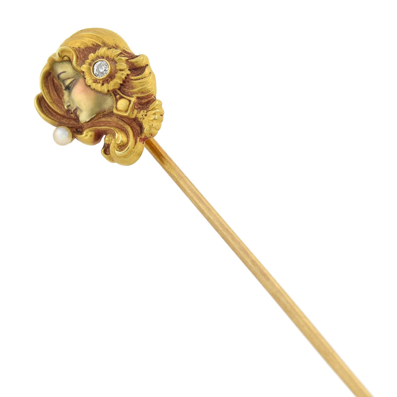 F.H. CUTLER & CO. Art Nouveau 14kt Diamond, Pearl + Enamel Lady Stick Pin