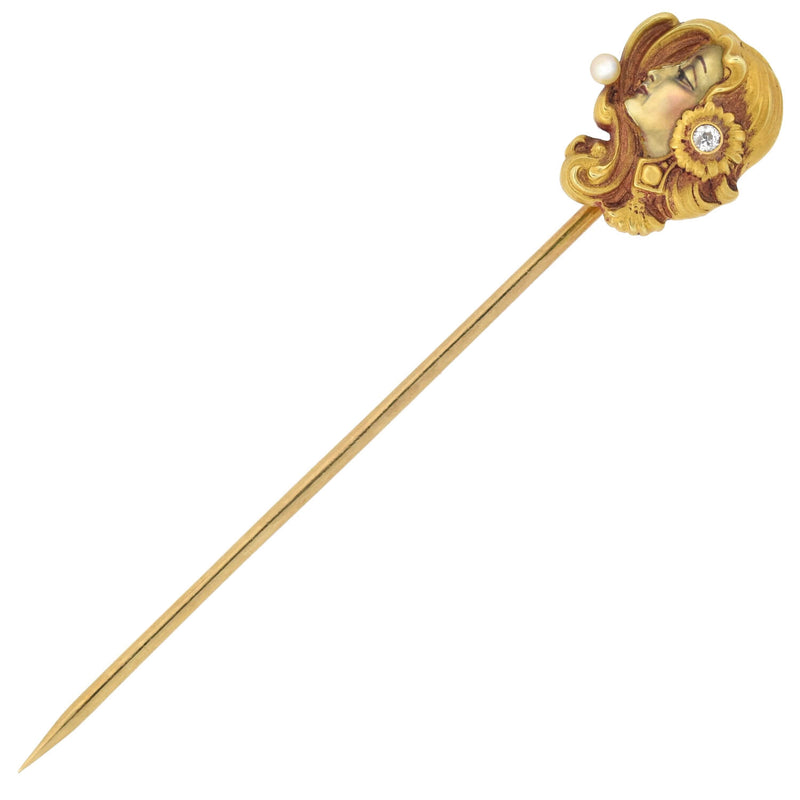 F.H. CUTLER & CO. Art Nouveau 14kt Diamond, Pearl + Enamel Lady Stick Pin