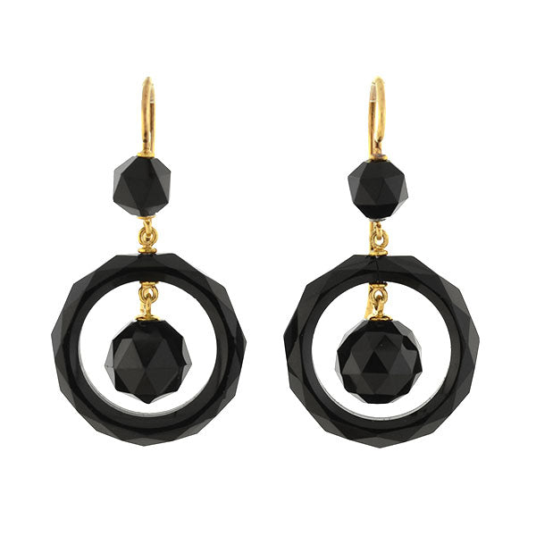 Victorian 14kt Faceted Onyx Ball + Ring Earrings