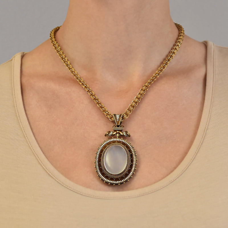 Victorian Large 18kt Enameled + Moonstone Pendant Necklace