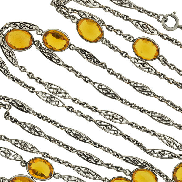 Art Nouveau Long Sterling & "Citrine" Glass Filigree Muff Chain 36"