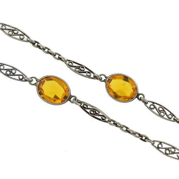 Art Nouveau Long Sterling & "Citrine" Glass Filigree Muff Chain 36"