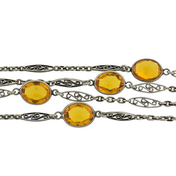 Art Nouveau Long Sterling & "Citrine" Glass Filigree Muff Chain 36"