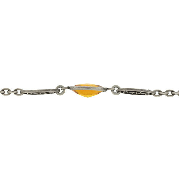 Art Nouveau Long Sterling & "Citrine" Glass Filigree Muff Chain 36"