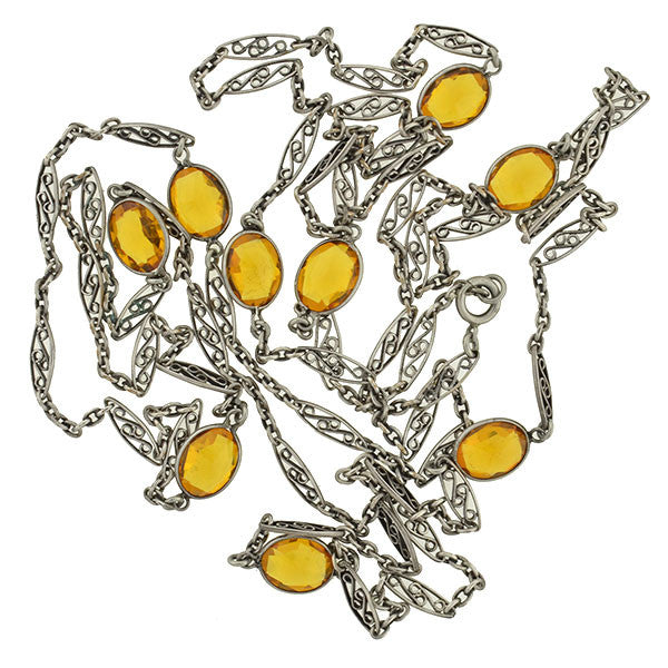 Art Nouveau Long Sterling & "Citrine" Glass Filigree Muff Chain 36"