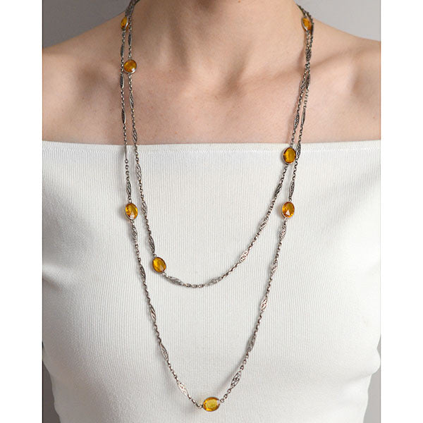 Art Nouveau Long Sterling & "Citrine" Glass Filigree Muff Chain 36"