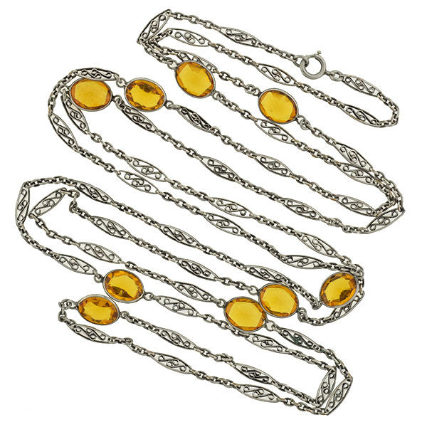 Art Nouveau Long Sterling & "Citrine" Glass Filigree Muff Chain 36"