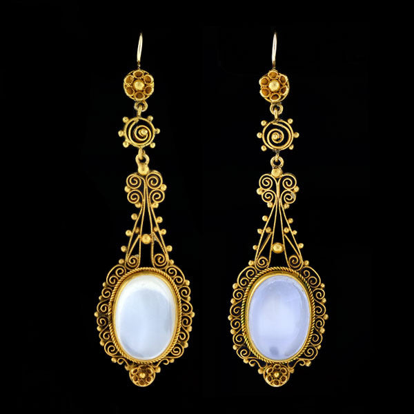 Victorian 14kt Moonstone + Pearl Filigree Earring Necklace Set