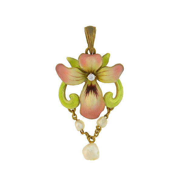 Art Nouveau 14kt Natural Pearl Enameled Lavalier Pendant