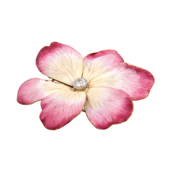 Victorian French 18kt Pink Enamel & Diamond Flower Pin