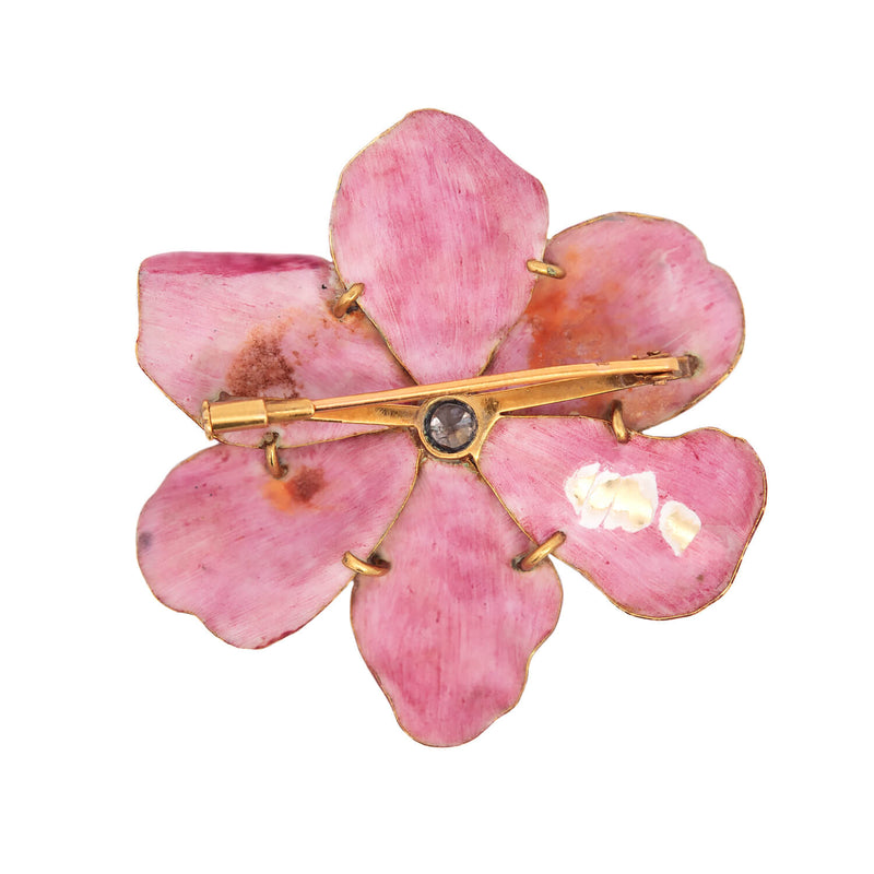Victorian French 18kt Pink Enamel & Diamond Flower Pin