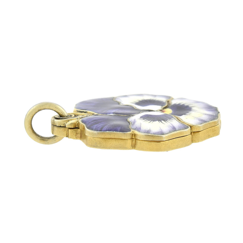 Art Nouveau .800 Silver Gilt + Enamel Pansy Slider with Mirror Pendant