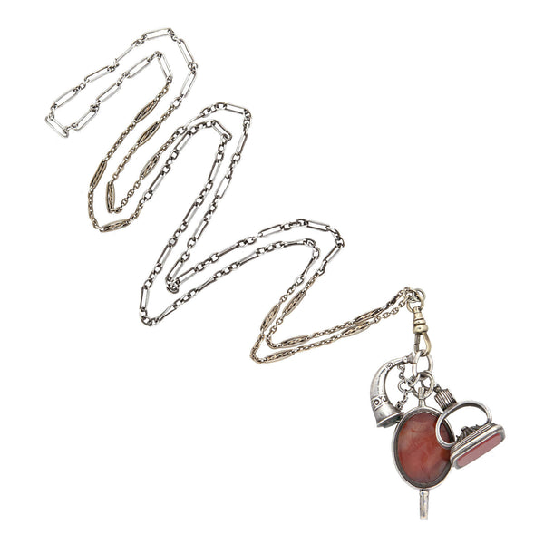 Victorian Sterling/Gold Filled Chain with Bloodstone + Carnelian Fob Pendants Necklace