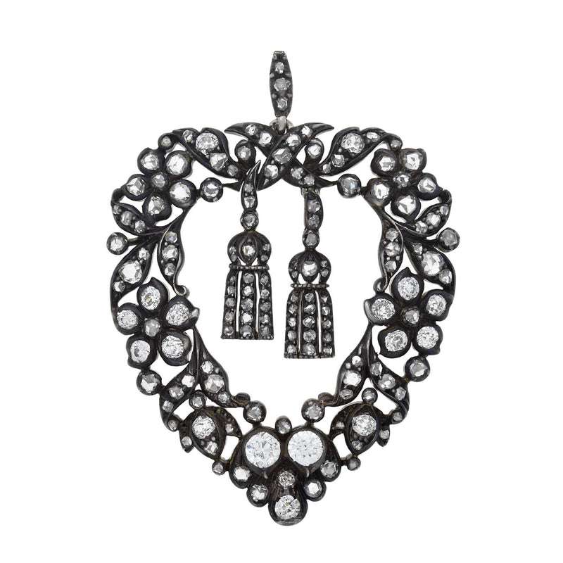 Victorian 18kt/Sterling Rose Cut Diamond Heart + Tassel Pendant