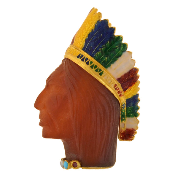 Edwardian French 18kt Carnelian, Enamel + Gemstone Native American Chief Pendant