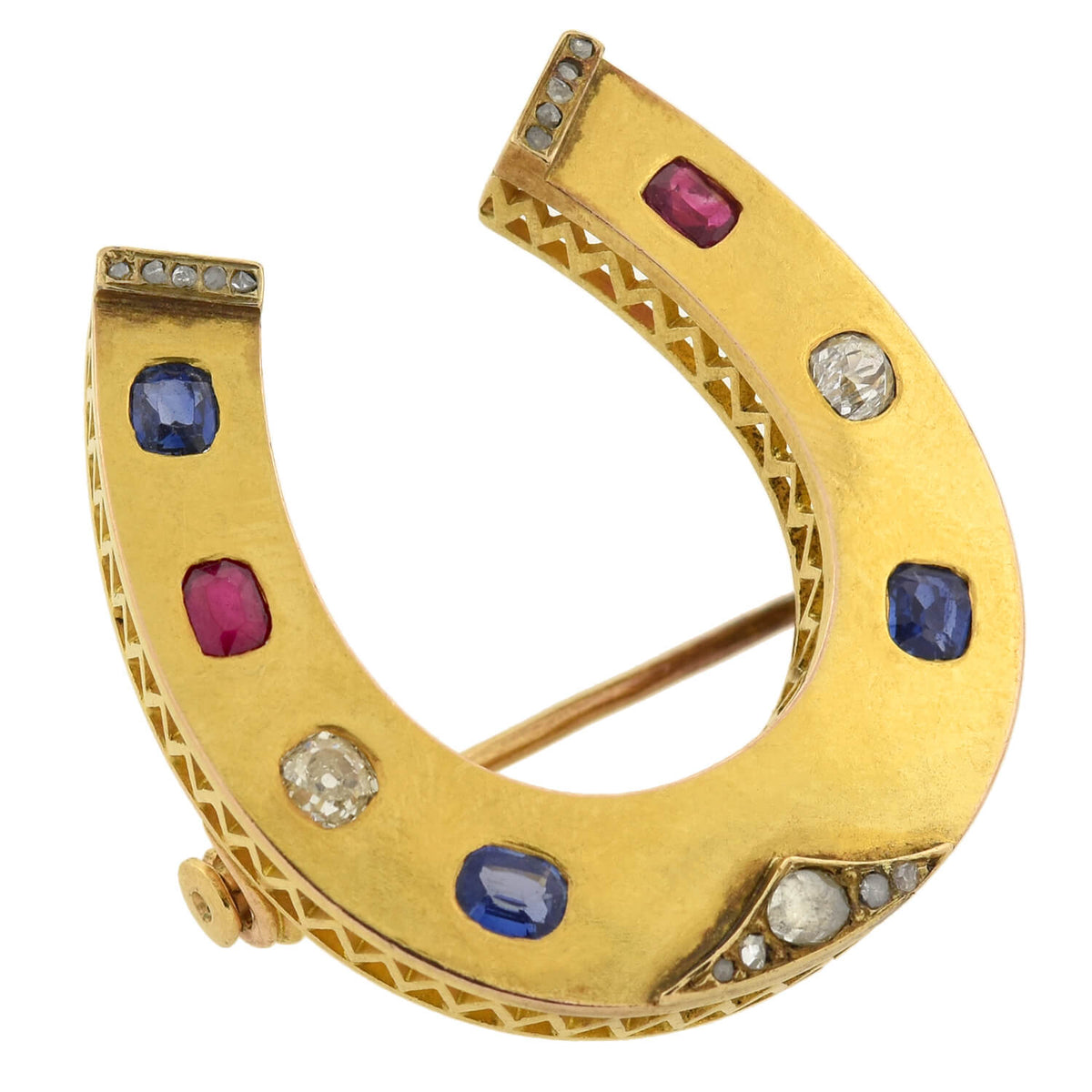 Victorian Large French 18kt Ruby, Diamond + Sapphire Horseshoe Pin