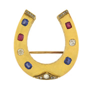 Victorian Large French 18kt Ruby, Diamond + Sapphire Horseshoe Pin