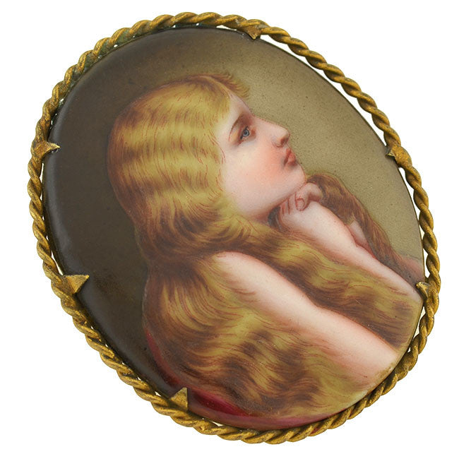 Victorian Large Gold-Filled Painted Portrait Young Girl Pin