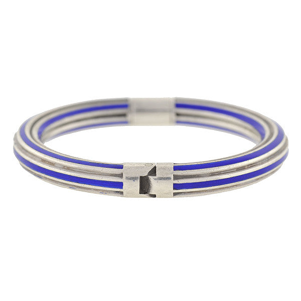 GUCCI Vintage Sterling & Blue Enamel Hinged Bangle Bracelet