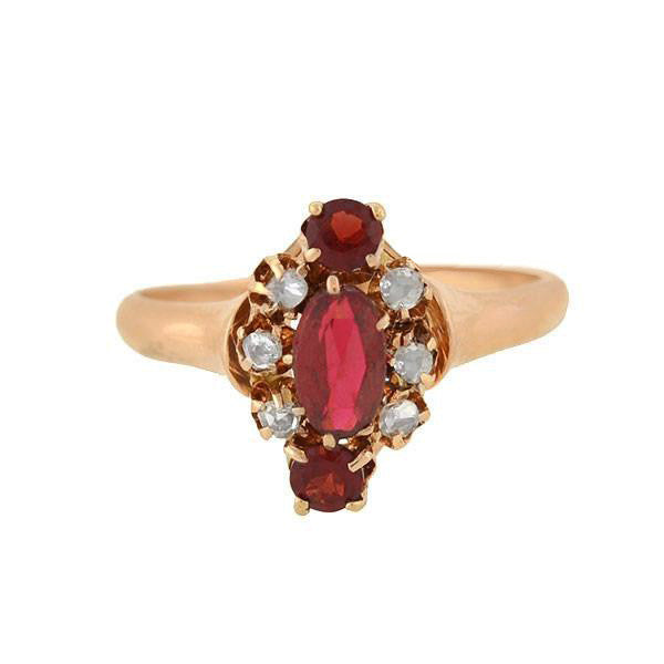 Victorian 14kt Ruby, Garnet & Diamond Navette Ring