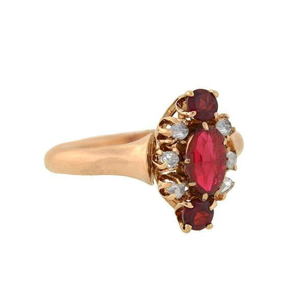 Victorian 14kt Ruby, Garnet & Diamond Navette Ring