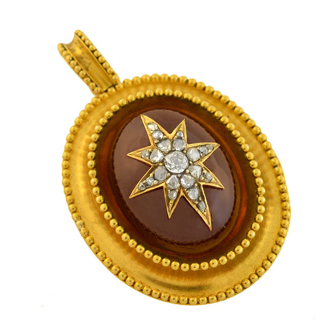 Victorian 15kt Garnet Cabochon Diamond Starburst Locket Pendant