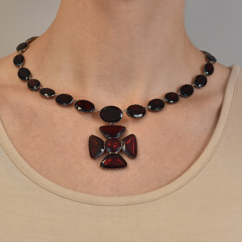Late Georgian 12kt Foil Back "Garnet" Paste Maltese Cross Pendant Necklace