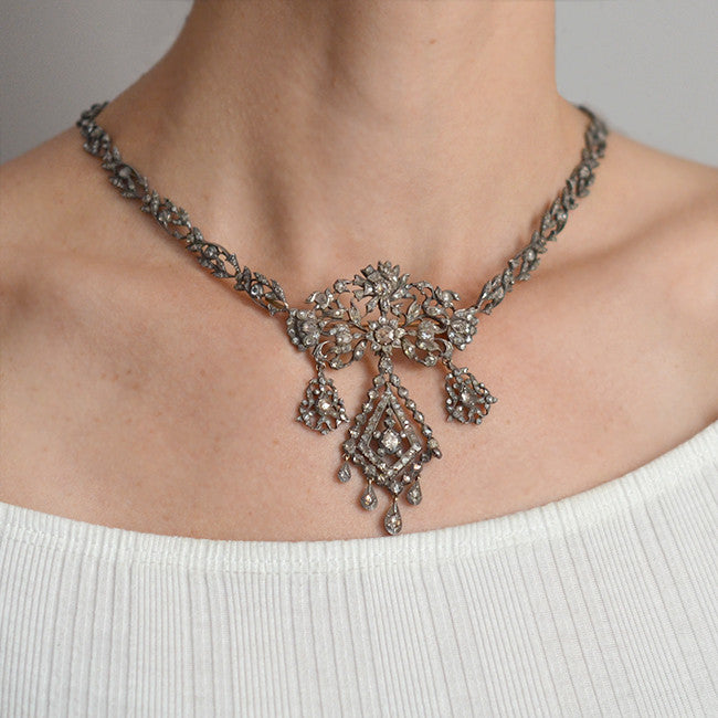 Georgian Sterling Rose Cut Diamond Pin & Necklace Set